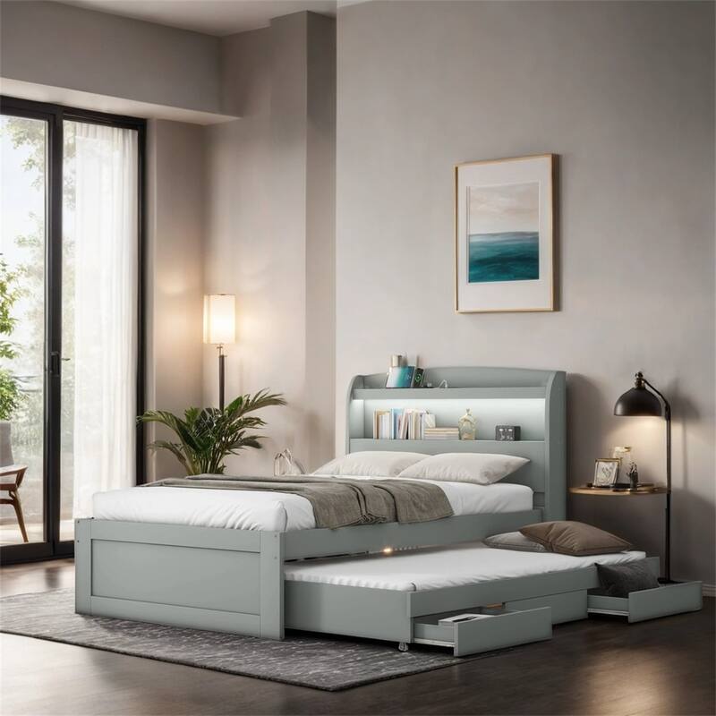 Twin XL Size Platform Bed with Storage LED Headboard,Charging Station