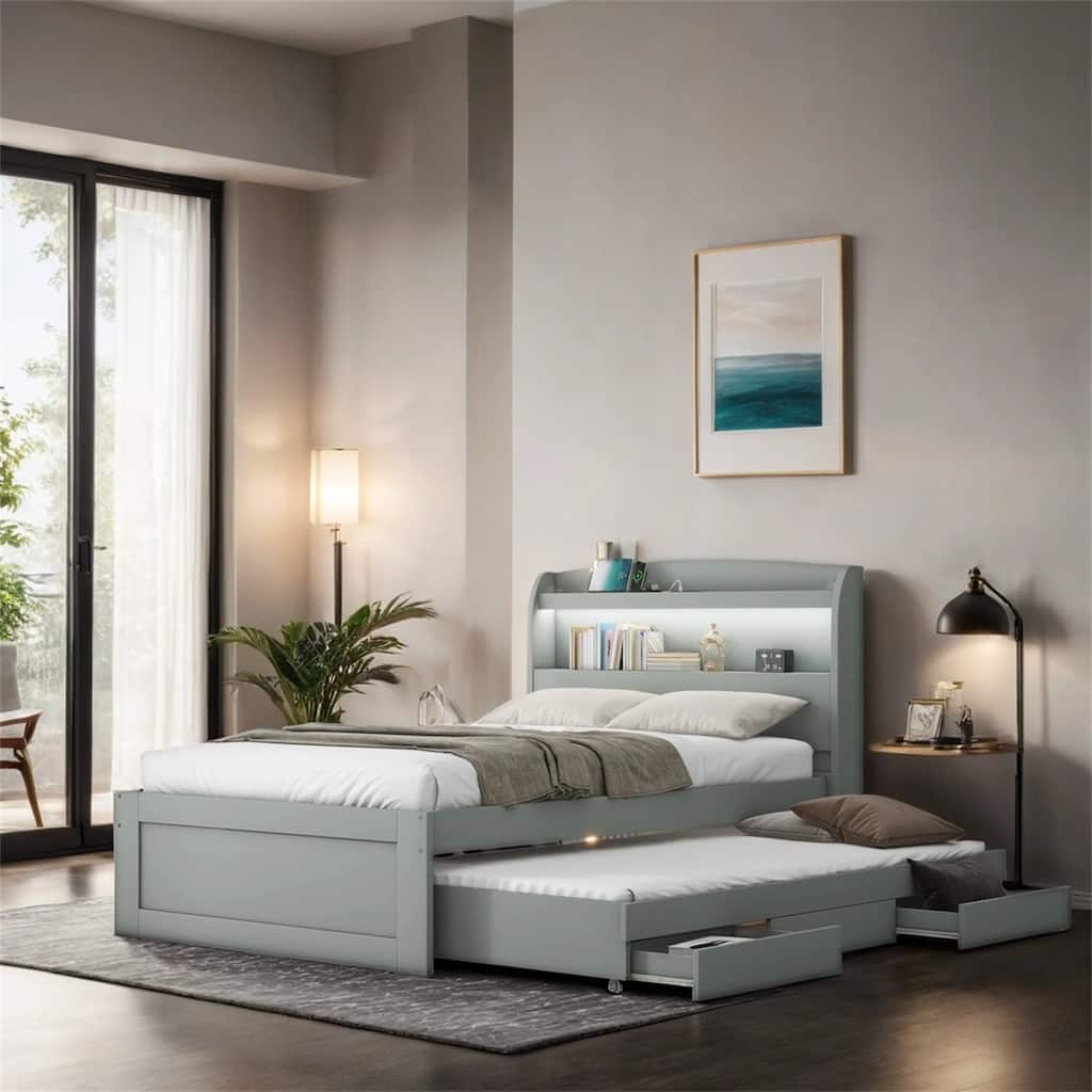 Twin XL Size Platform Bed with Storage LED Headboard,Charging Station