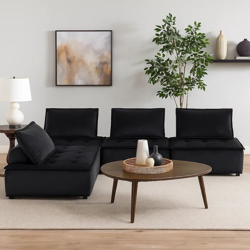 Alaya 4pc Modular Sectional Sofa, Tufted Seats, Black Velvet Upholstery