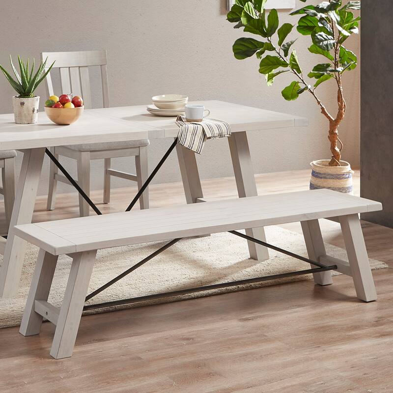 Roomfitters 66-Inch Solid Wood Dining Bench, Reclaimed White Wash Finish with Gray Iron Accents