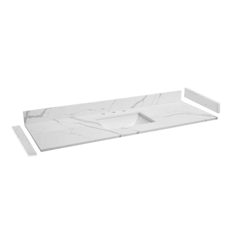 Bath Vanity Quartz Overhand Top with Rectangular Sink Backsplash Sidesplash Included in Calacatta Sevella - 60in. W x 22in. D - Single Sink