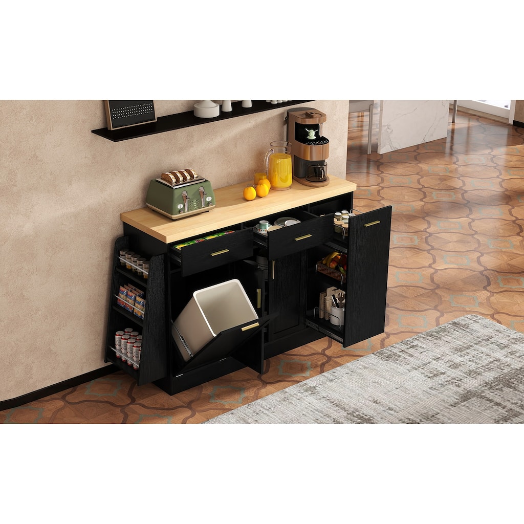 Multi-Functional Storage Sideboard Kitchen Island with Hidden Trash Can and Adjustable Spice Rack