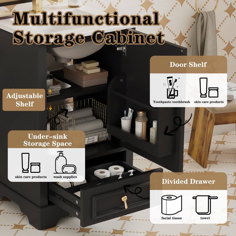 20" Bathroom Vanity with Ceramic Sink Bathroom Storage Cabinet with Adjustable U-Shaped and Drawer