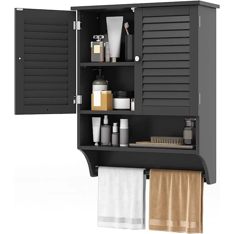 Bathroom Wall Mounted Medicine Cabinet w/ Towel Bar & Louvered Doors - Black