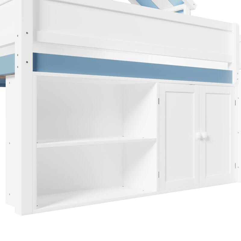 GDFStudio - Solid Wood Full Size Loft Bed with Canopy & Storage Cabinet