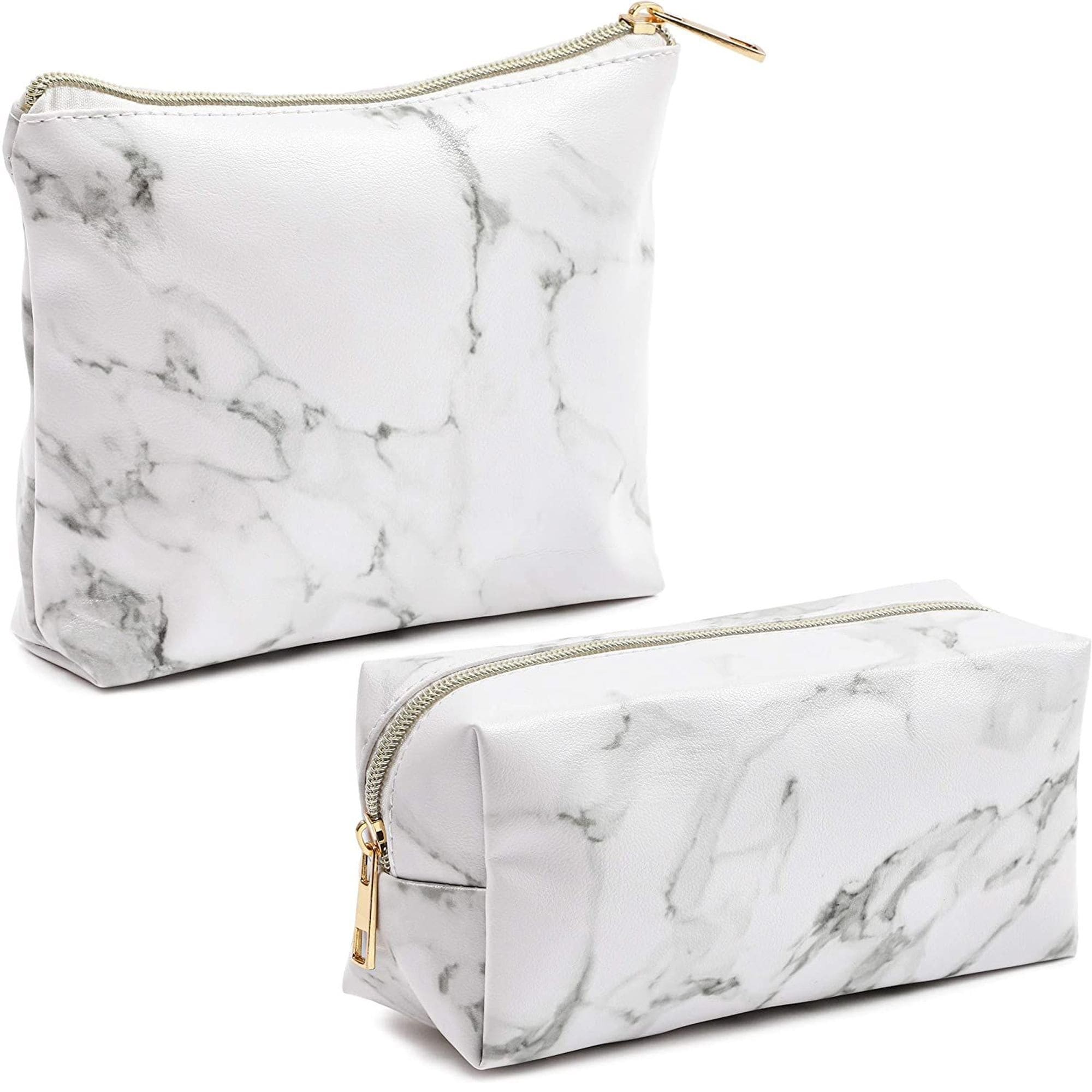 White Marble Printed Cosmetic Travel Pouch Set for...