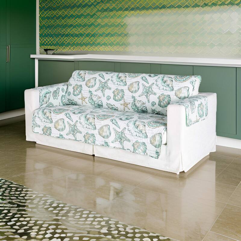Jiye 127 Inch Wave Quilted Sofa Cover with Seashell Design, White Polyester