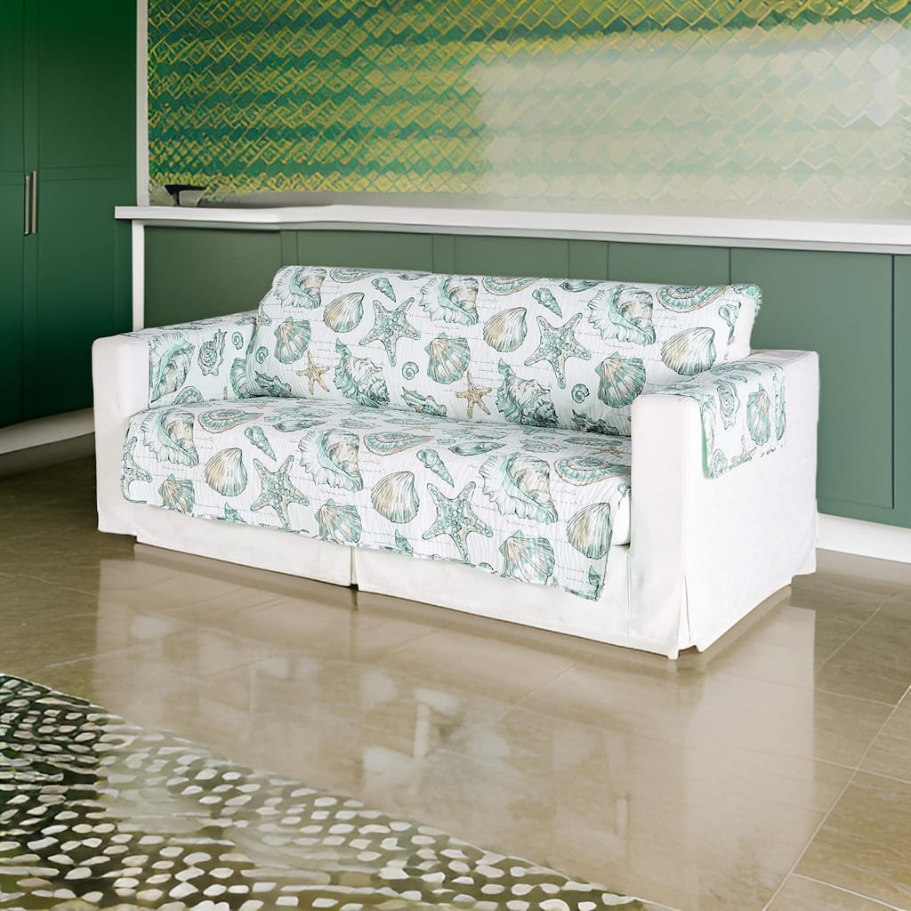 Jiye 127 Inch Wave Quilted Sofa Cover with Seashell Design, White Polyester