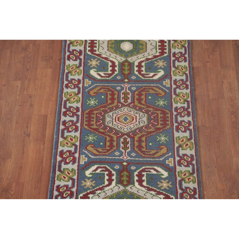Geometric Blue Kazak Oriental Runner Rug Handmade Wool Carpet - 2'7"x 10'1"