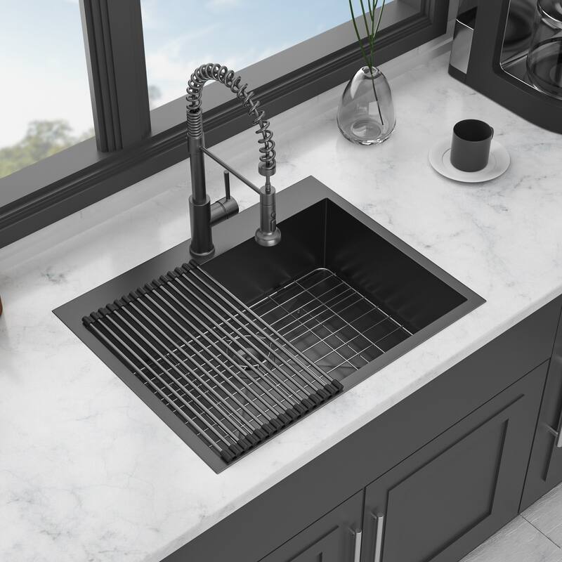 Drop-In Single Bowl 16 Gauge Stainless Steel Kitchen Sink in Gunmetal Black
