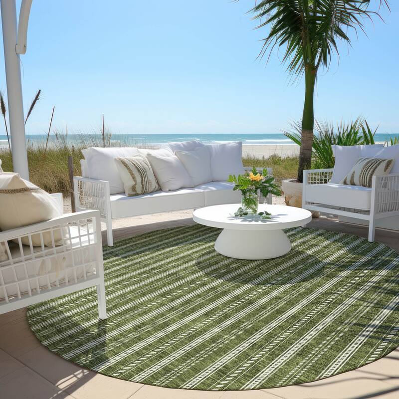 Machine Washable Indoor/ Outdoor Chantille Stripe Twist Rug - Olive - 8' x 8'