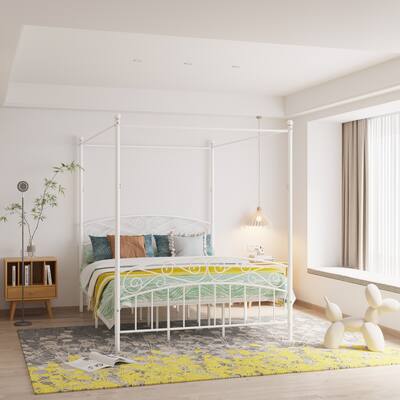 Queen Size, Metal Canopy Bed Frame with Headboard & Footboard