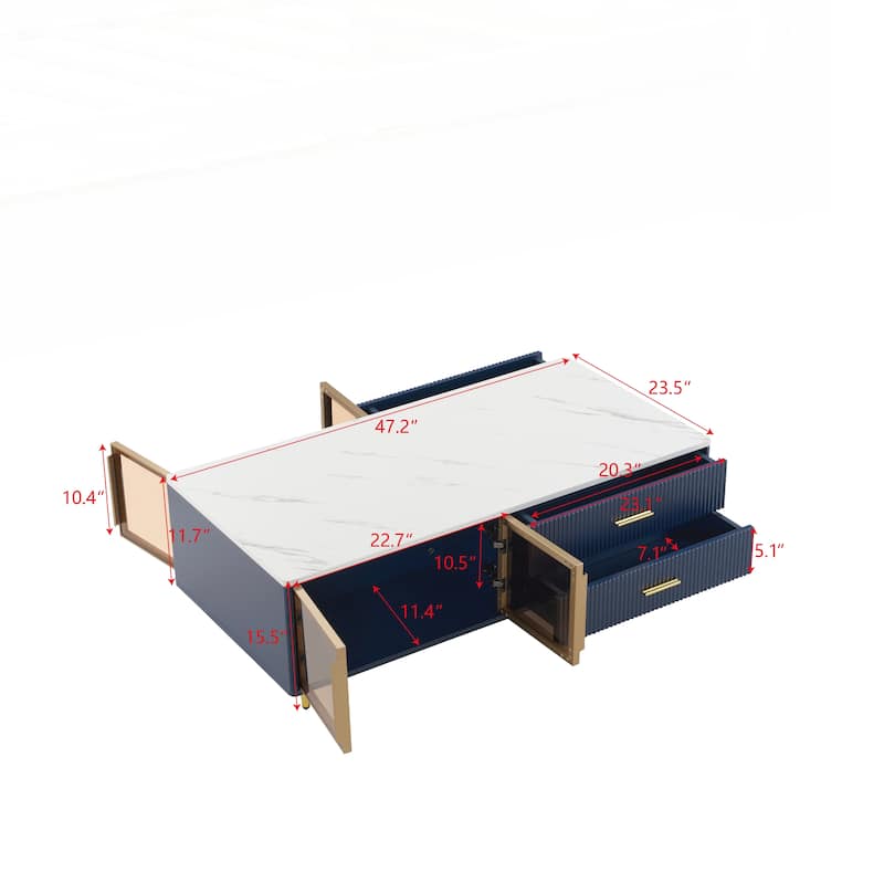 Modern White Coffee Table with 2 Glass Door Storage