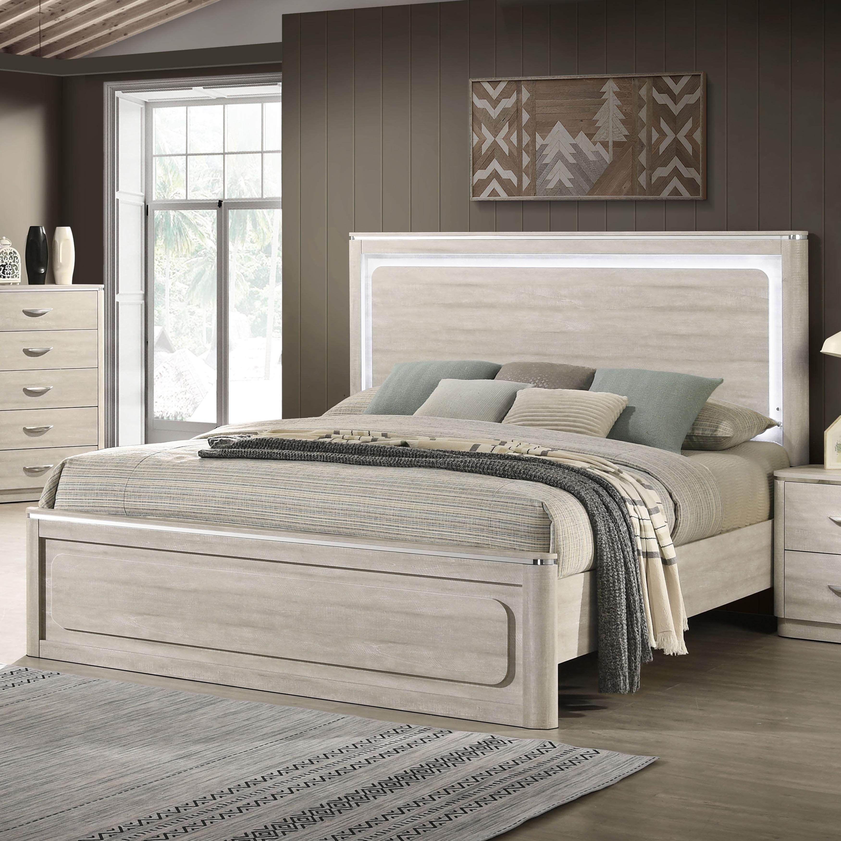Furniture of America Krale Modern Grey Wood Panel Bed with LED on Headboard