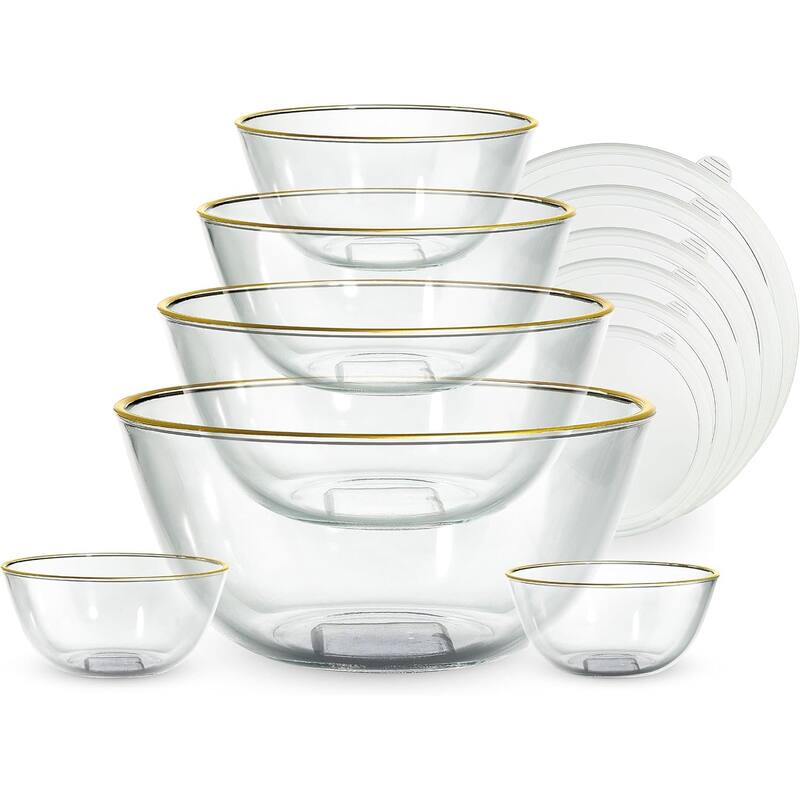 COOK WITH COLOR 12 Pc Glass Nesting Mixing Bowl Set with Lids for Cooking and Prep - Gold Rim