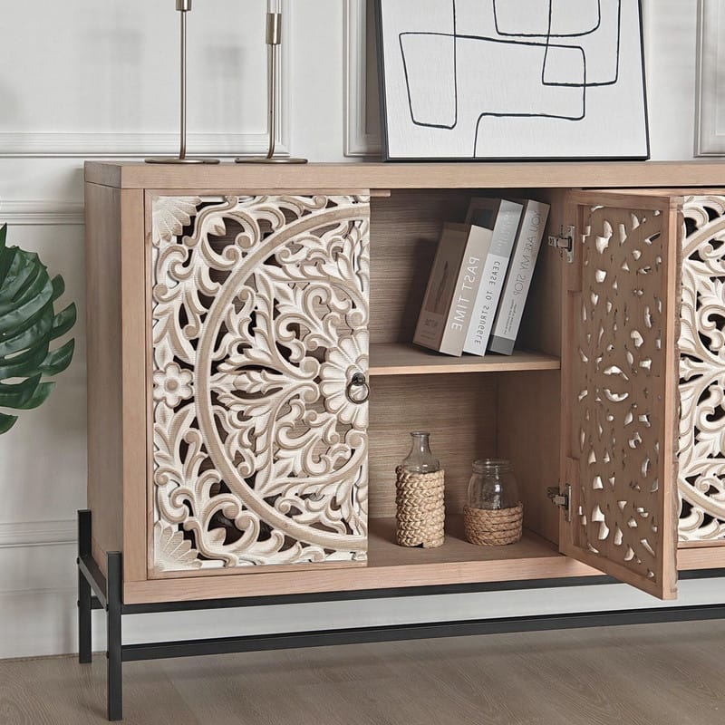 Elegant Storage Sideboard Cabinet with Carved Wood 4-Door for Living Room or Dining Area