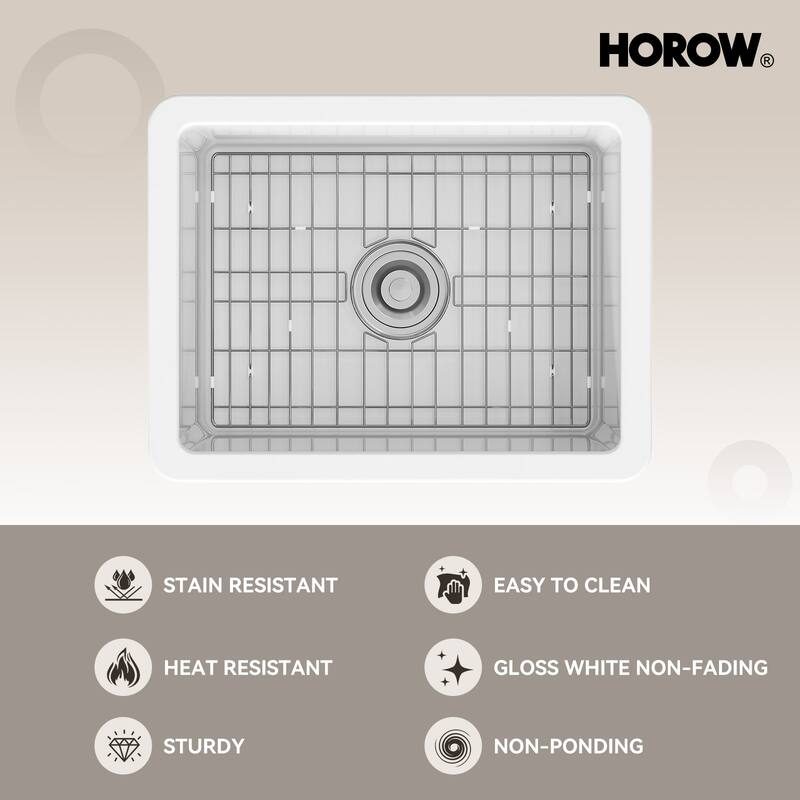 HOROW Undermount Fireclay 24 in. Single Bowl Kitchen Sink with Bottom Grid and Strainer in White