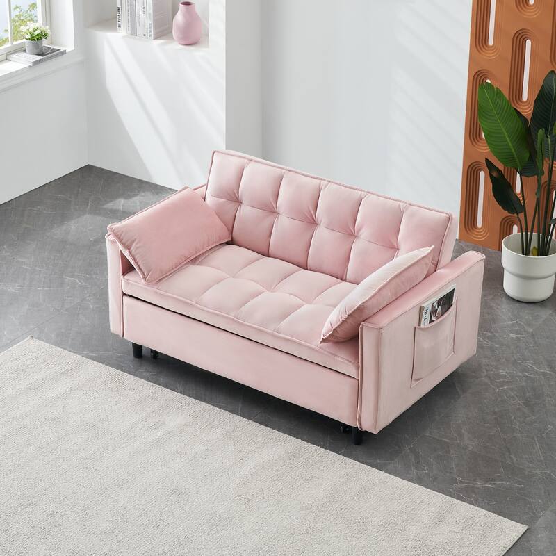 Modern Velvet Loveseat Sofa, 55" 2-Seater Futon Sofa Couch with Pullout Bed, 3-in-1 Convertible Sleeper Couches, Pink