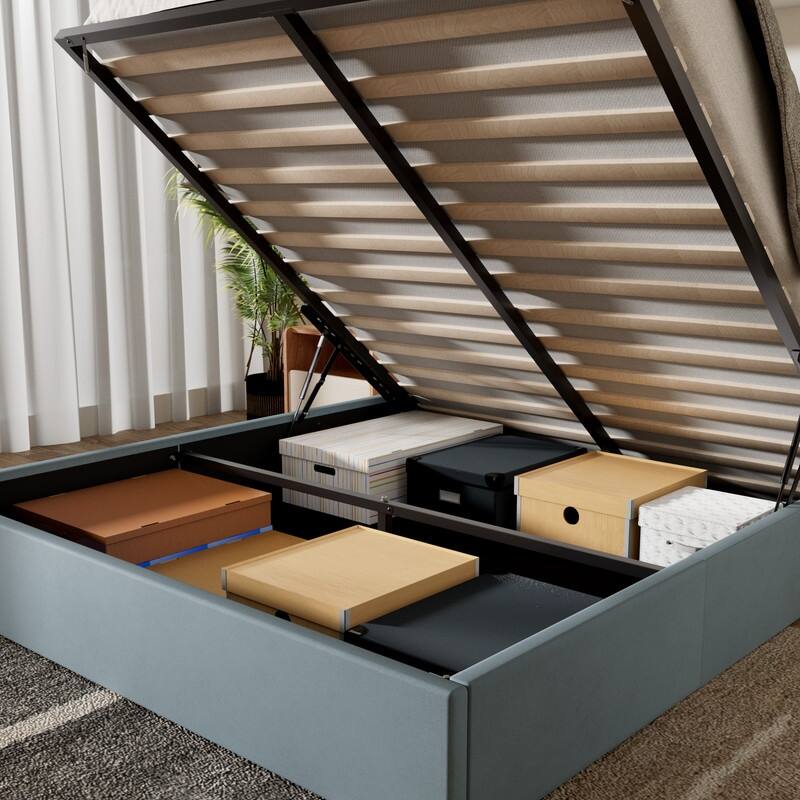 Plywood Frame Upholstered Platform Bed with Lift-up Storage Supported by Metal and Wooden Slats