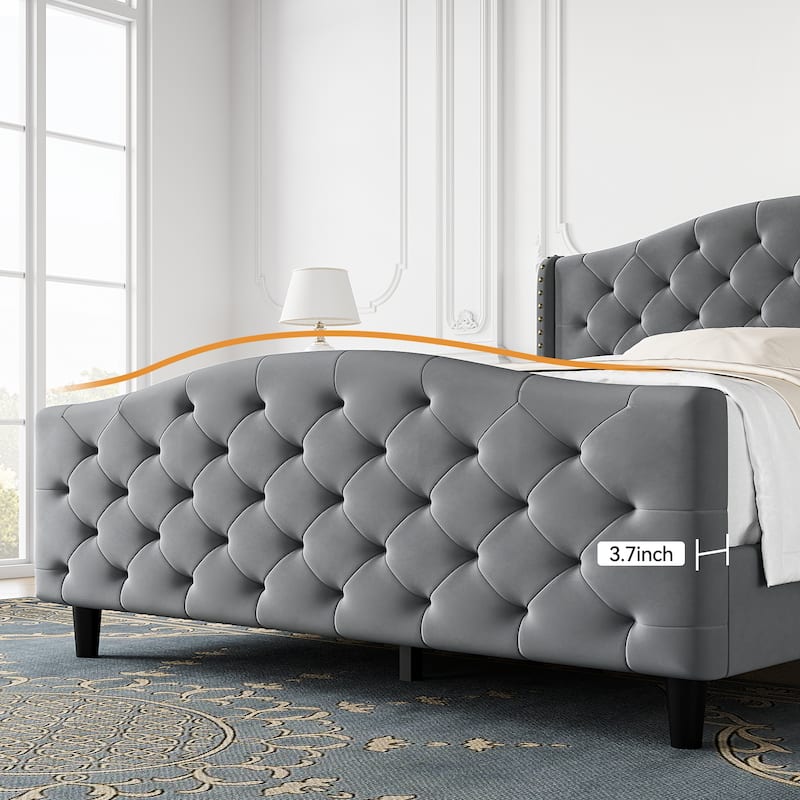 Elam Grey Tufted Upholstered Platform Bed Frame with Headboard and Footboard