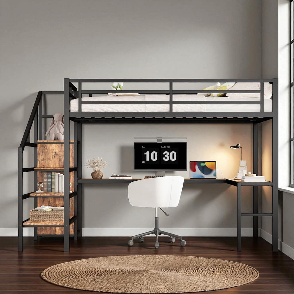 Queen Size Metal Loft Bed with Wardrobe, L-Shaped Desk, USB Ports, LED Lights, and Adjustable Shelves