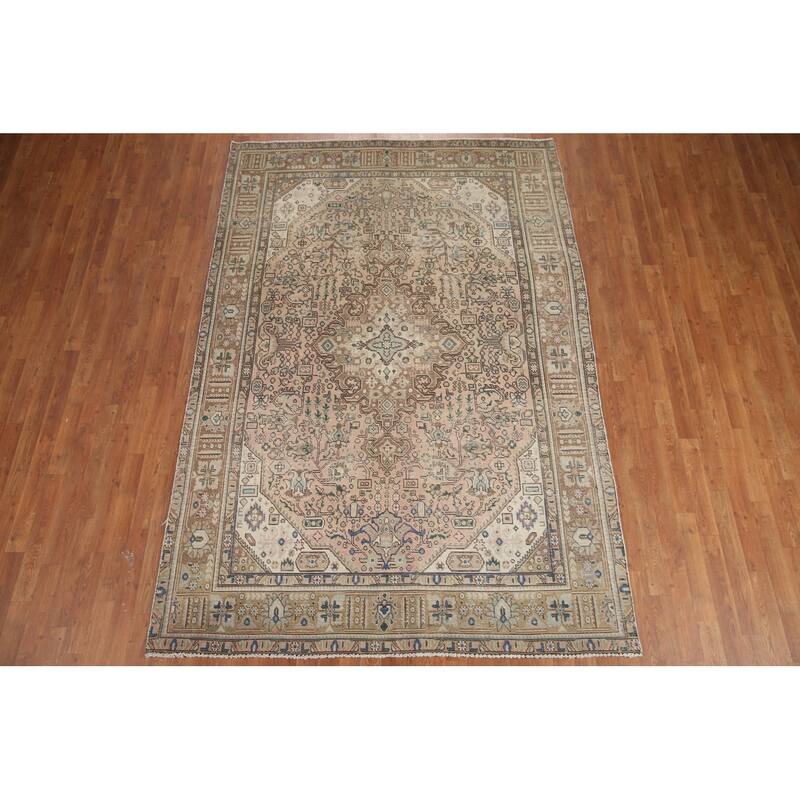 Hand Knotted Oriental 100% Wool Carpet Traditional Medallion Pink Tabriz Area Rug - 9' 4'' X 6' 4''