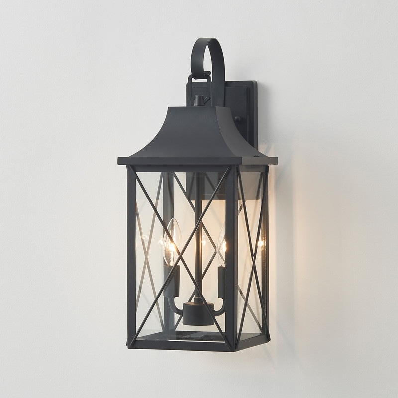 KAWOTI 2-Light Black Lantern Outdoor Sconce with Clear Glass Shade - W8.125" * H19.5" * E9"