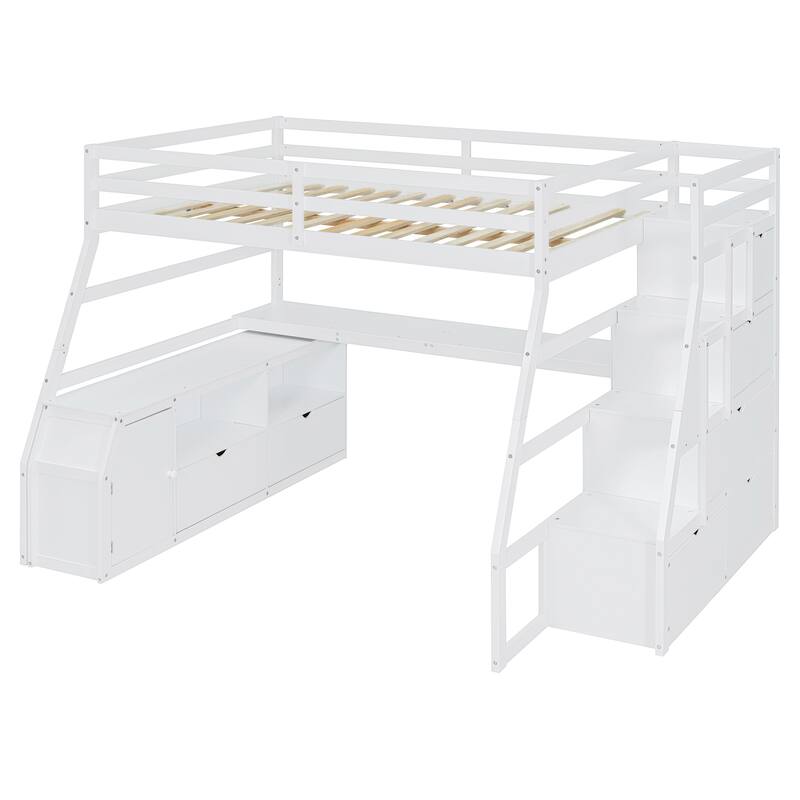 Full Size Loft Bed with 7 Drawers 2 Shelves and Desk - White