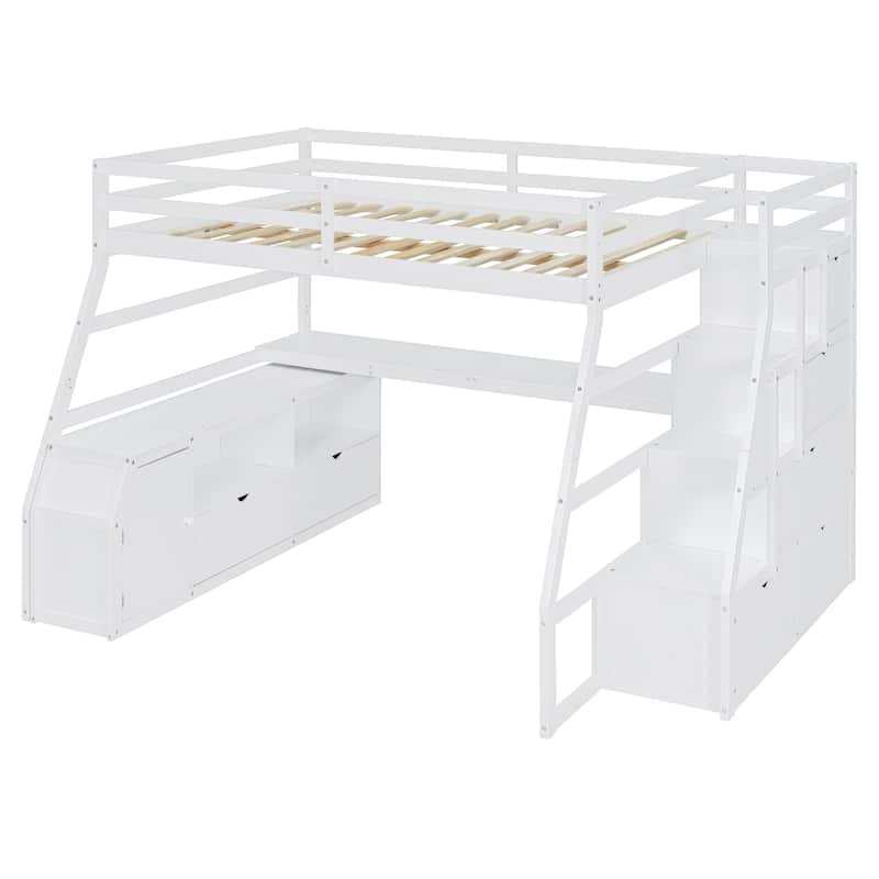 Full Size Loft Bed with 7 Drawers 2 Shelves and Desk