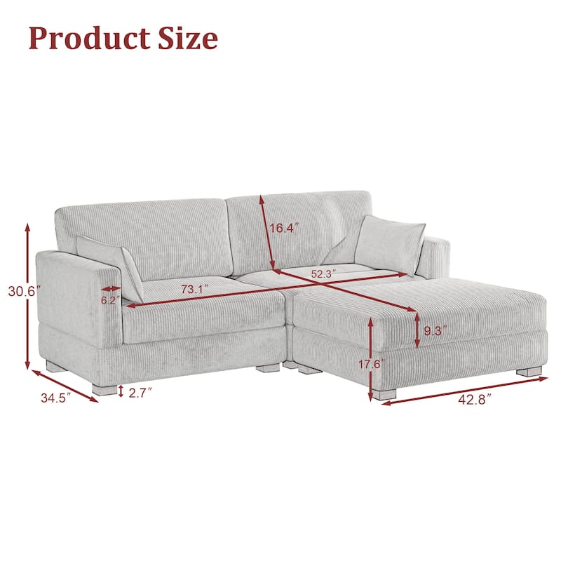 85in.W Corduroy Modular 3-Piece L-Shaped Sectional Sofa with Ottoman