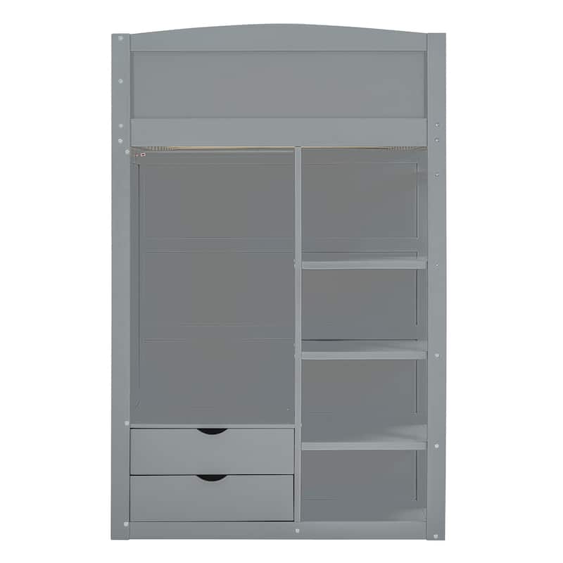 Multifunction Storage Wood Loft Bed Frame with Wardrobes, Desk, 4 Storage Drawers & Bookshelves, Space-Saving Design for Bedroom