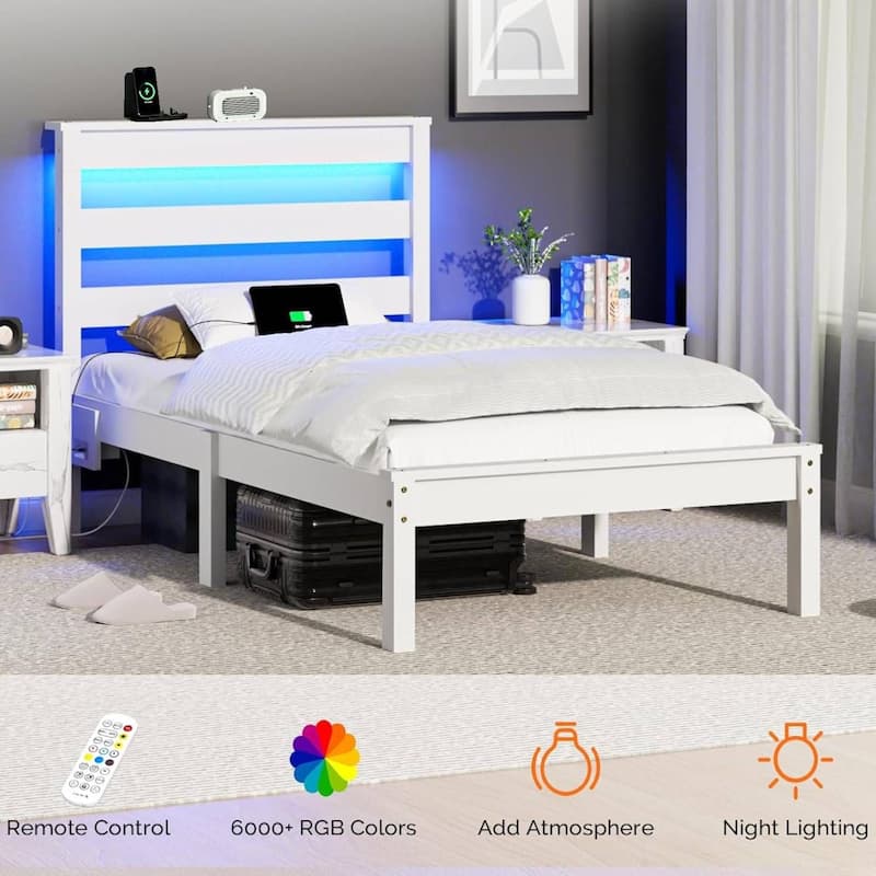 Twin Wood Bed Frame with Charging Station, Lighted Platform Bed, White