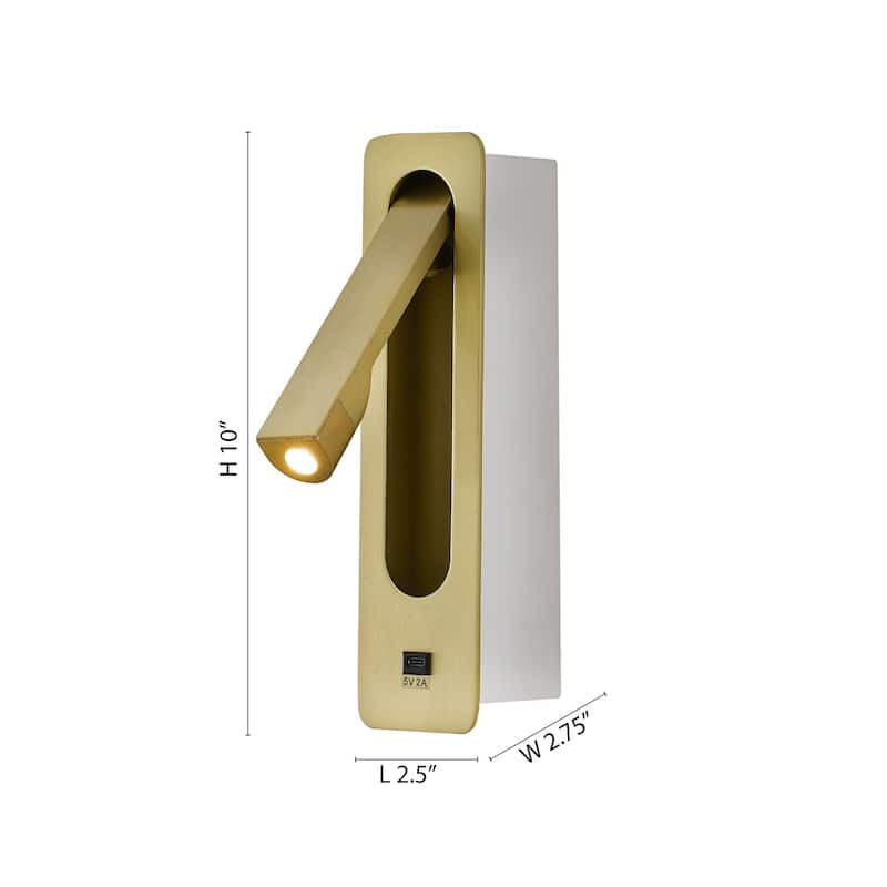 1-Light Satin Brass Metal LED Wall Sconce With One USB Port And A Clear Frosted Len