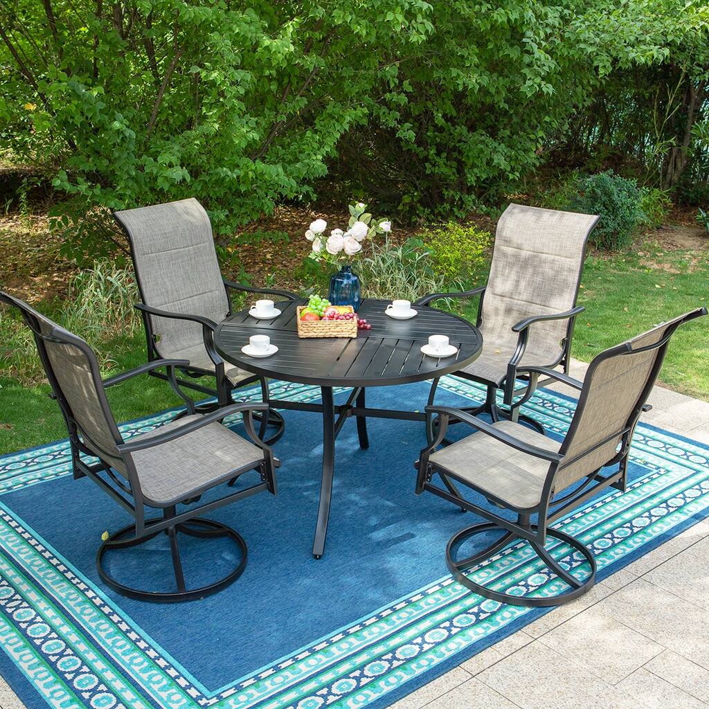 MAISON ARTS 5-Piece Patio Dining Set Textilene Swivel Chairs & Geometrically Stamped Round Table