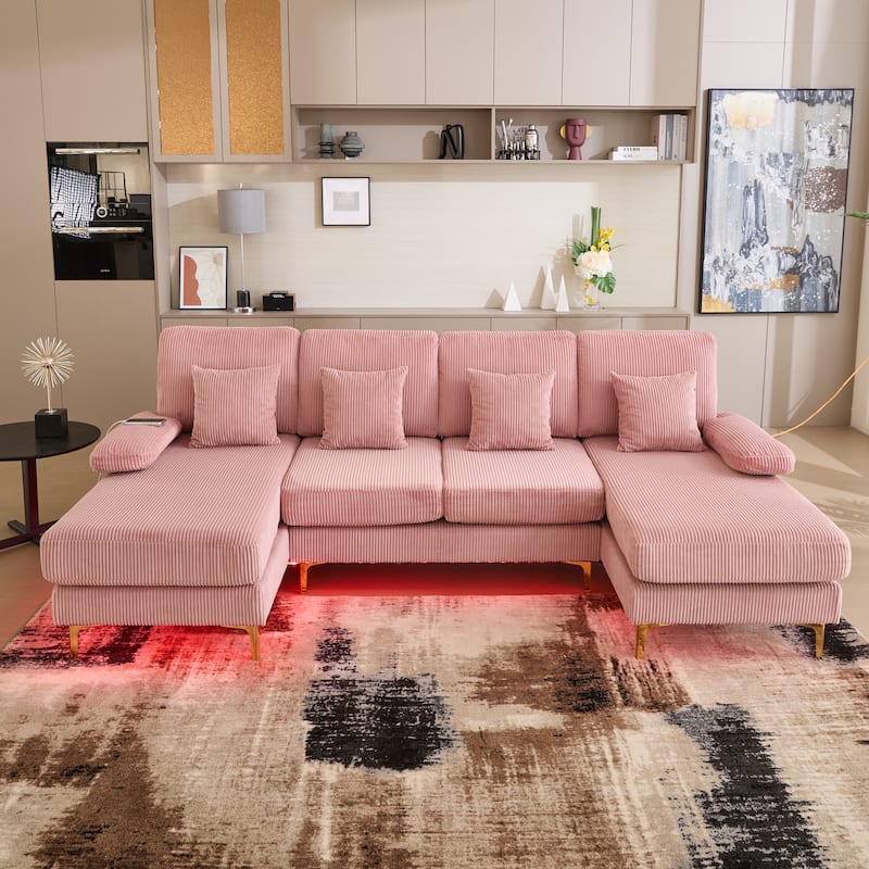 HOMEFUN Corduroy Upholstered U-shaped Adjustable Light Modular Sectional Sofa With Type-C and USB ports - Pink