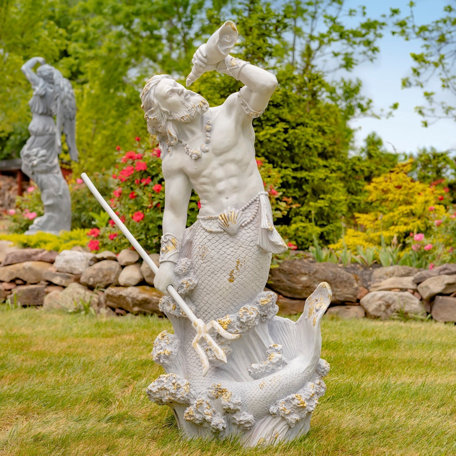 52 Inch Tall Magnesium Merman Garden Statue "Peter" Antique Grey