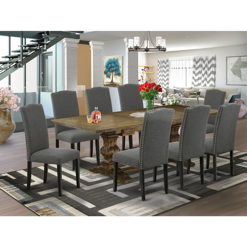 9-Piece Dining Table Set with Chairs - Linen Fabric Dining Room Set - Dark Gray & Black Finish - Pedestal Table - Seats 8 - 92