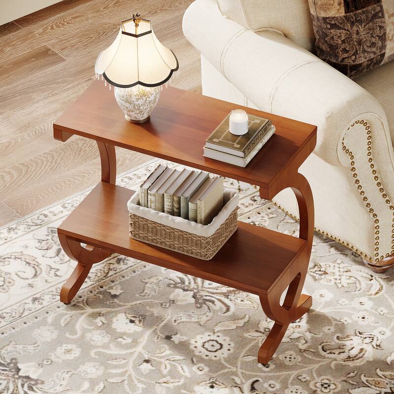 Modern 2-Tier Wood End Table with Curved Crossed Legs