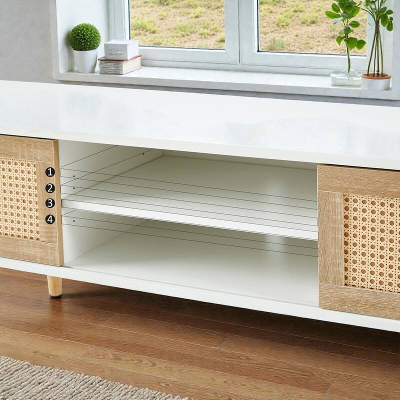 55" Rattan TV Stand with Sliding Doors, Mid Century Media Console with Adjustable Shelf & Solid Wood Legs for Living Room