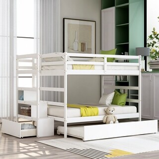 Full over Full Bunk Bed with Twin Trundle, Drawer, Stairs with Storage, and Safety Measures