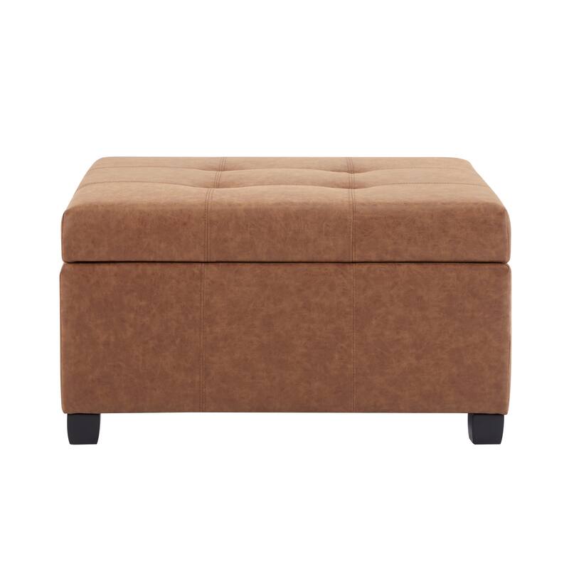 35" Square Brown PU Leather Storage Ottoman with Lift-Top & Soft-Close Lid