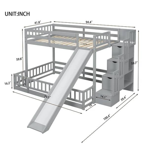dimension image slide 1 of 2, Pine Solid Wooden Bunk Bed with Slide, Storage Staircase and Safety Guardrails