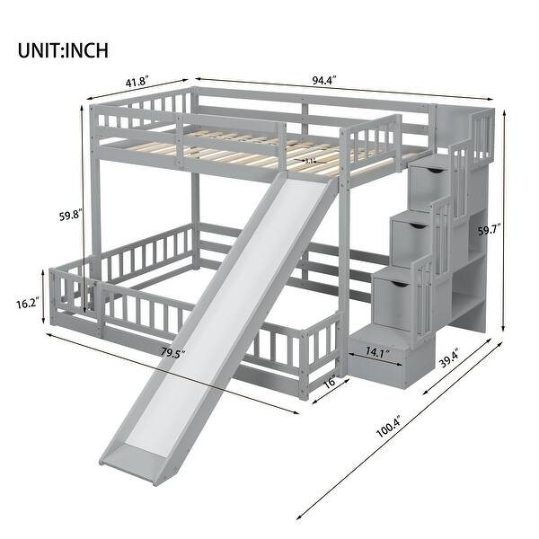 dimension image slide 1 of 2, Twin Over Full Bunk Bed with Safety Guardrails,Pine Solid Wooden Kids Beds with Slide and Storage Staircase