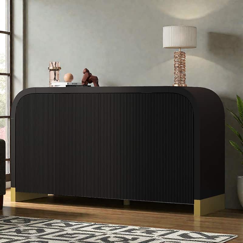 4 Door Storage Cabinet with Curved Corners, Wavy Panel Sideboard with Adjustable Shelves for Living Room Entryway