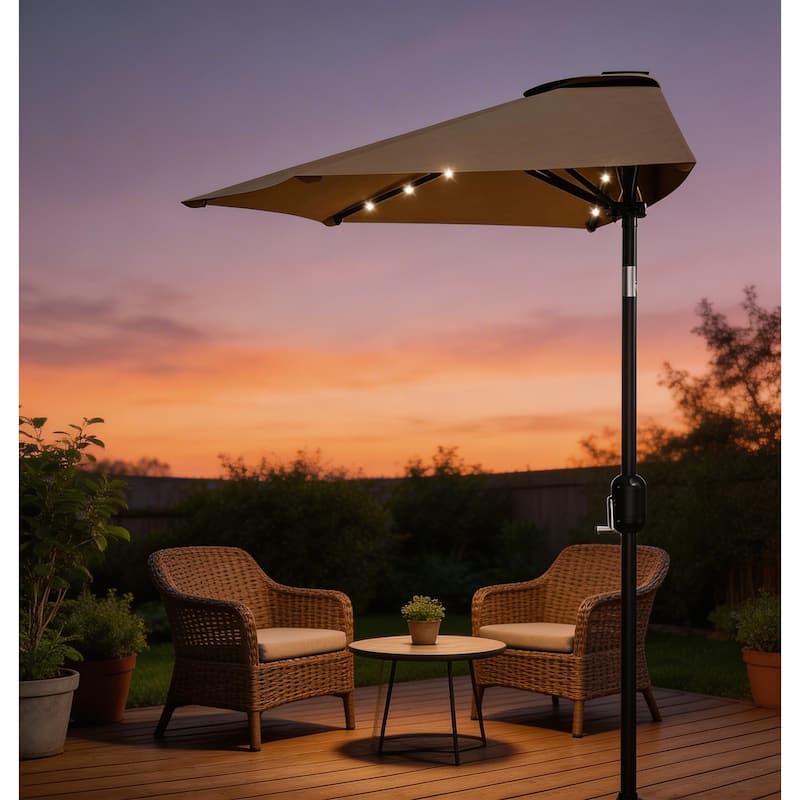 9ft Outdoor Patio Half Umbrella, with Solar LED Lights and Smooth Crank Lift - Tan