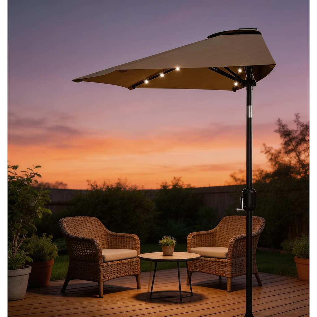 9ft Outdoor Patio Half Umbrella, with Solar LED Lights and Smooth Crank Lift