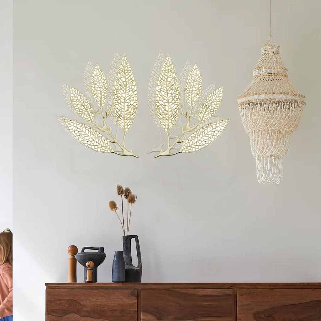 18 Inch Set of 2 Wall Art Decor Pieces, Leaf Design, Modern Gold Finish