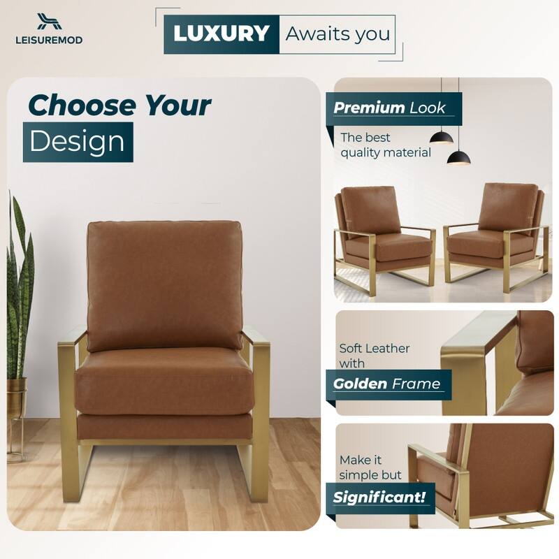 Jefferson Contemporary Leather Accent Armchair with Brushed Gold Base, Removable Cushions, and Durable Spring-Supported Seat