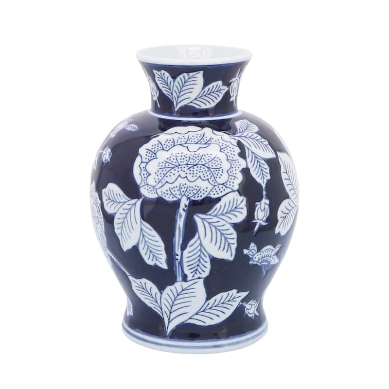 Sagebrook Home Blue and White Ceramic Vase Contemporary 9" Floral Chinoiserie Vase