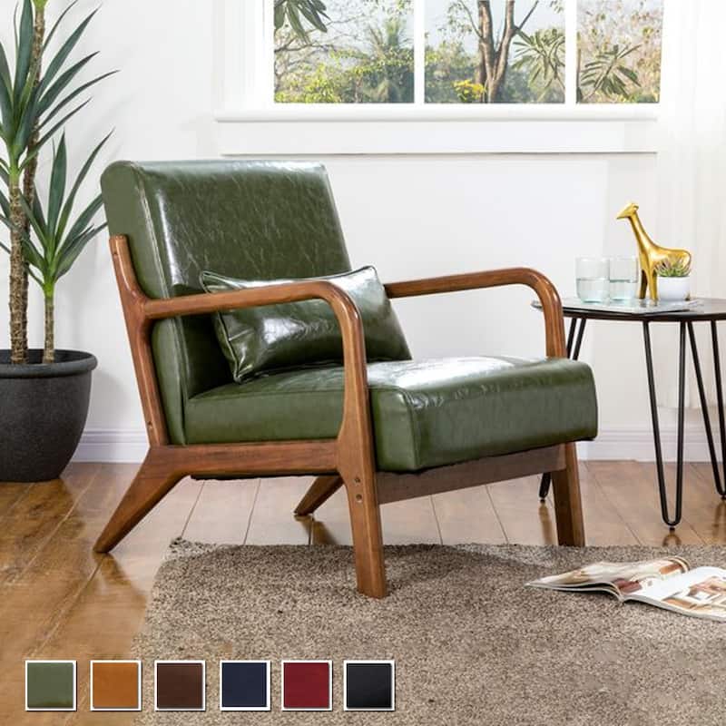 Glitzhome 30.75"H Mid-Century Modern PU Leather Armchair Accent Chair with Pillow - 25.75"W x 33.75"D x 30.75"H